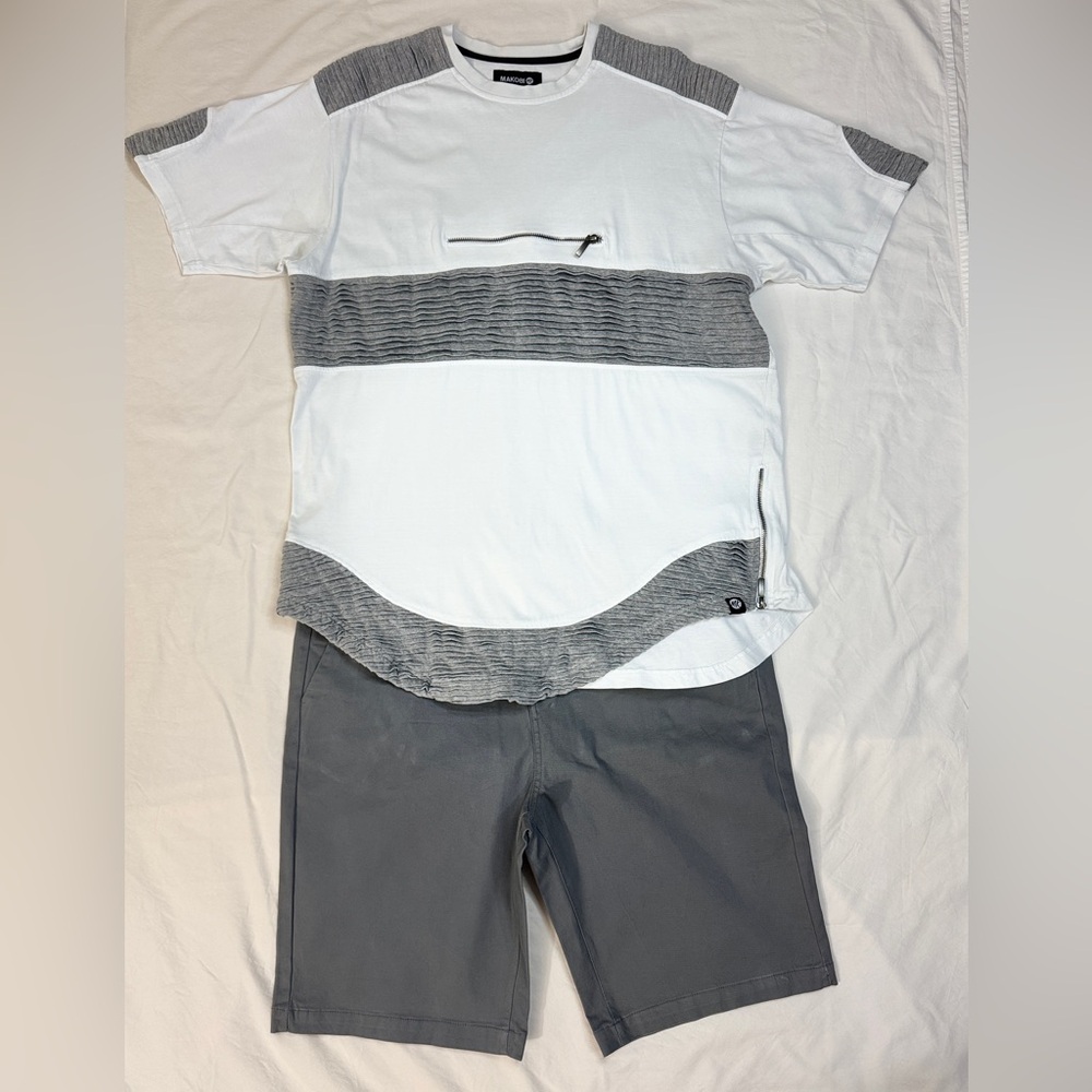 Outfit: Designer Tee w/zipper & ruffle design with chino shorts